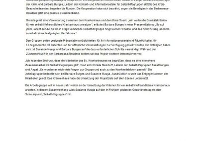 Die Abbildung zeigt einen Pressebericht in der Mitarbeiterzeitung zur Kooperation des Klinikums Lippstadt mit der Selbsthilfe.