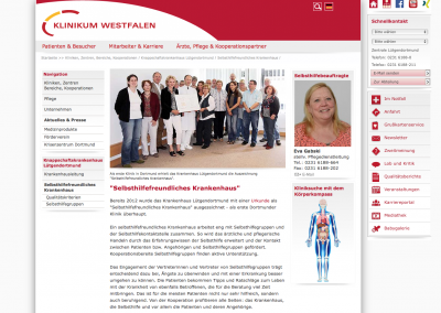 Dieses Abbildung zeigt die Internetseite der Klinikum Westfalen GmbH mit Informationen zur Selbsthilfebeauftragten